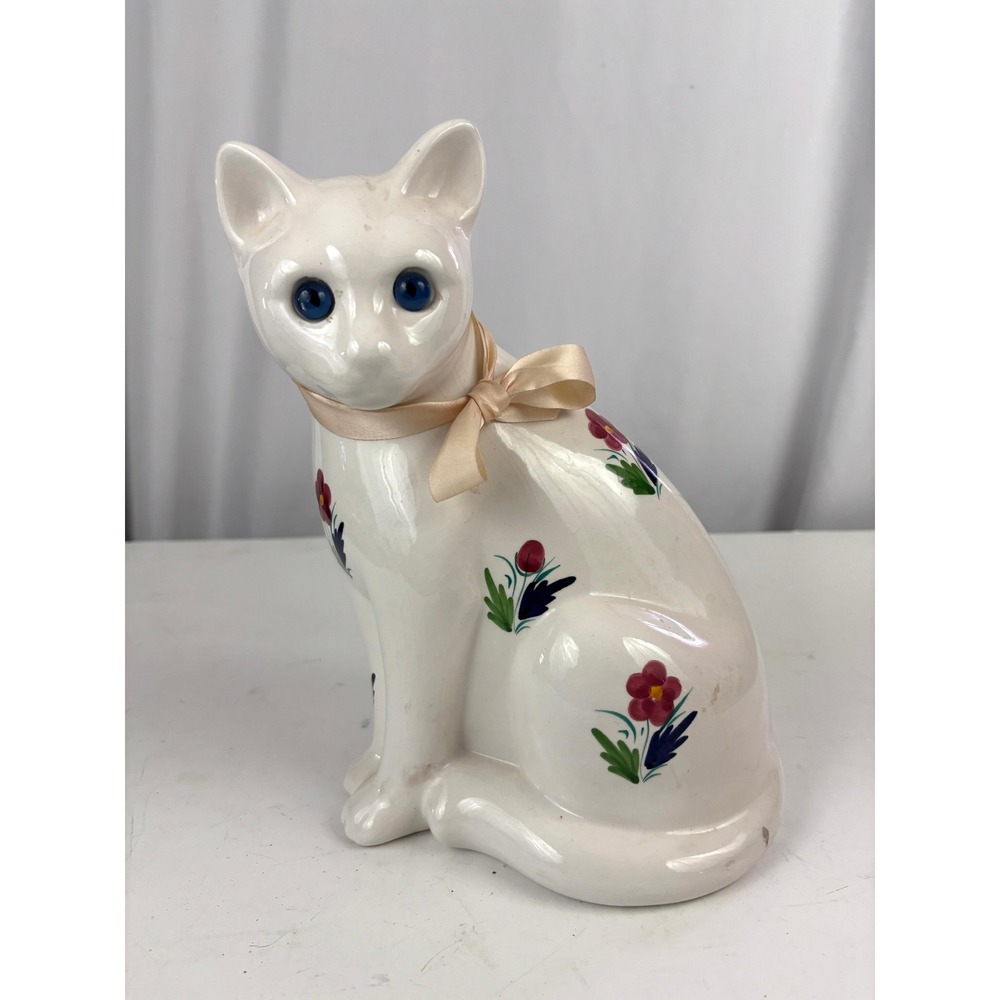 Vintage ERA Portugal White Ceramic Cat Figurine Blue Eyes Floral Decor 10"‎
